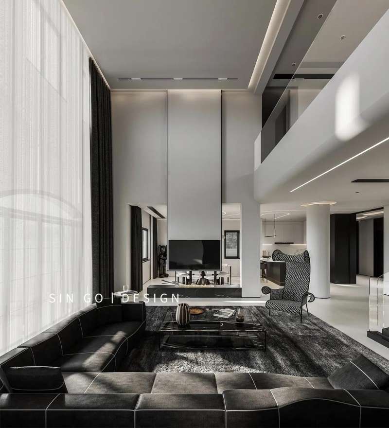 别墅设计|黑白灰现代风格,无主灯设计诠释高级时尚感