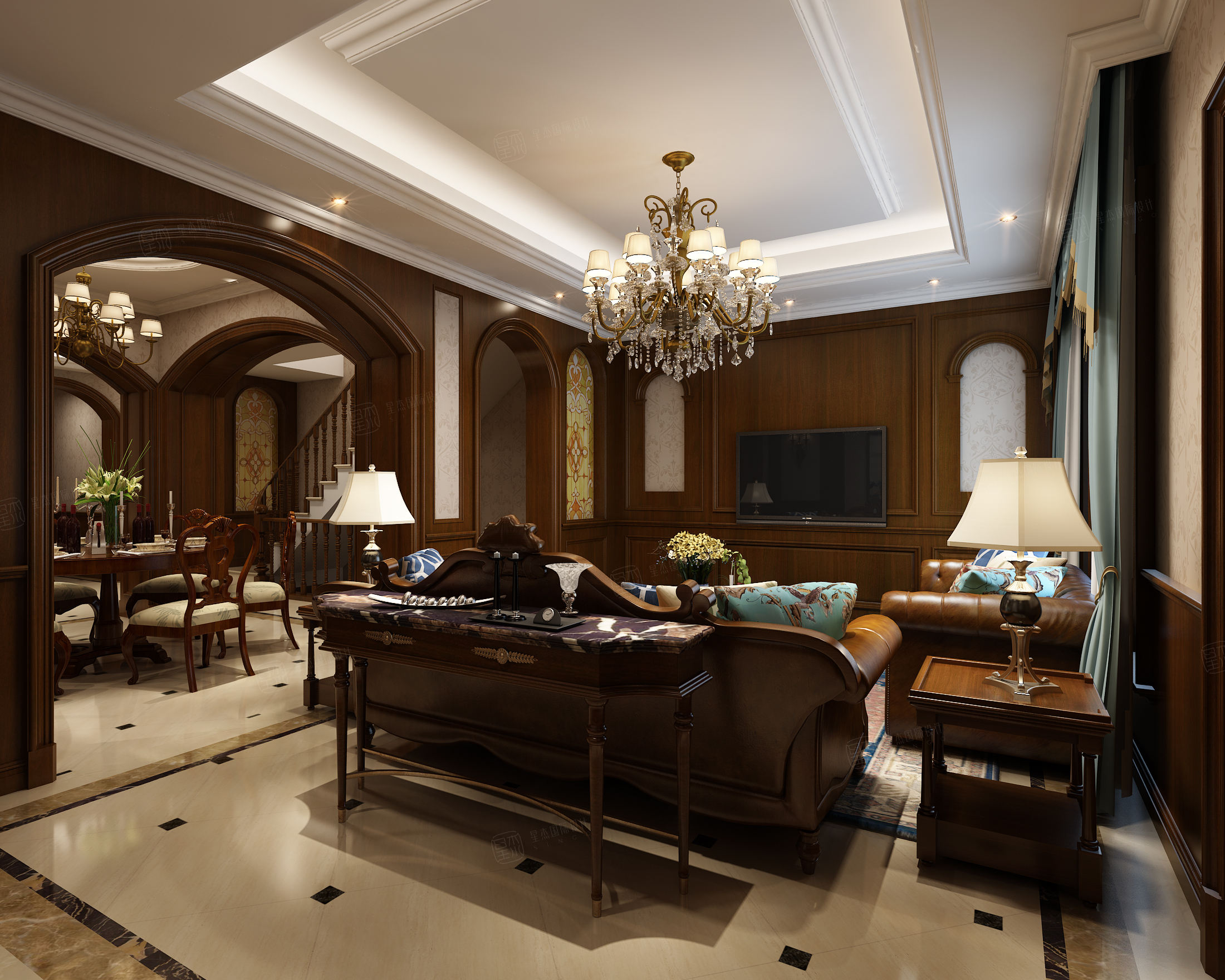 众安理想湾 古典美式装修客厅效果图
