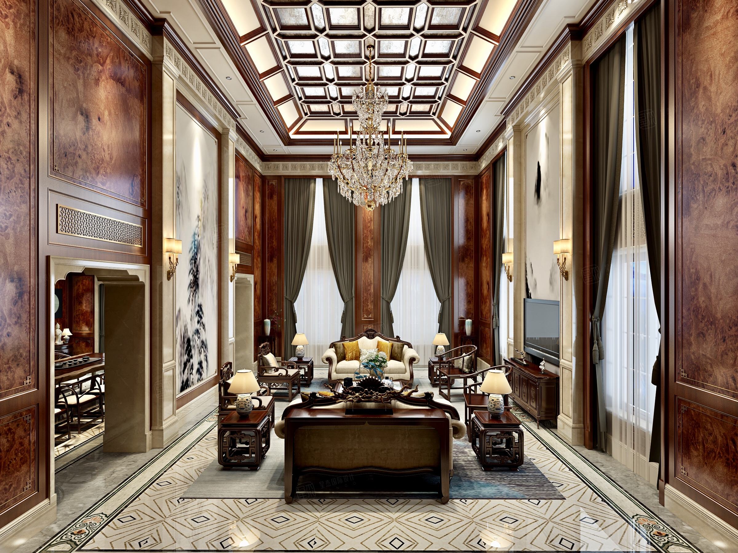 东郊半岛 新中式装修客厅效果图