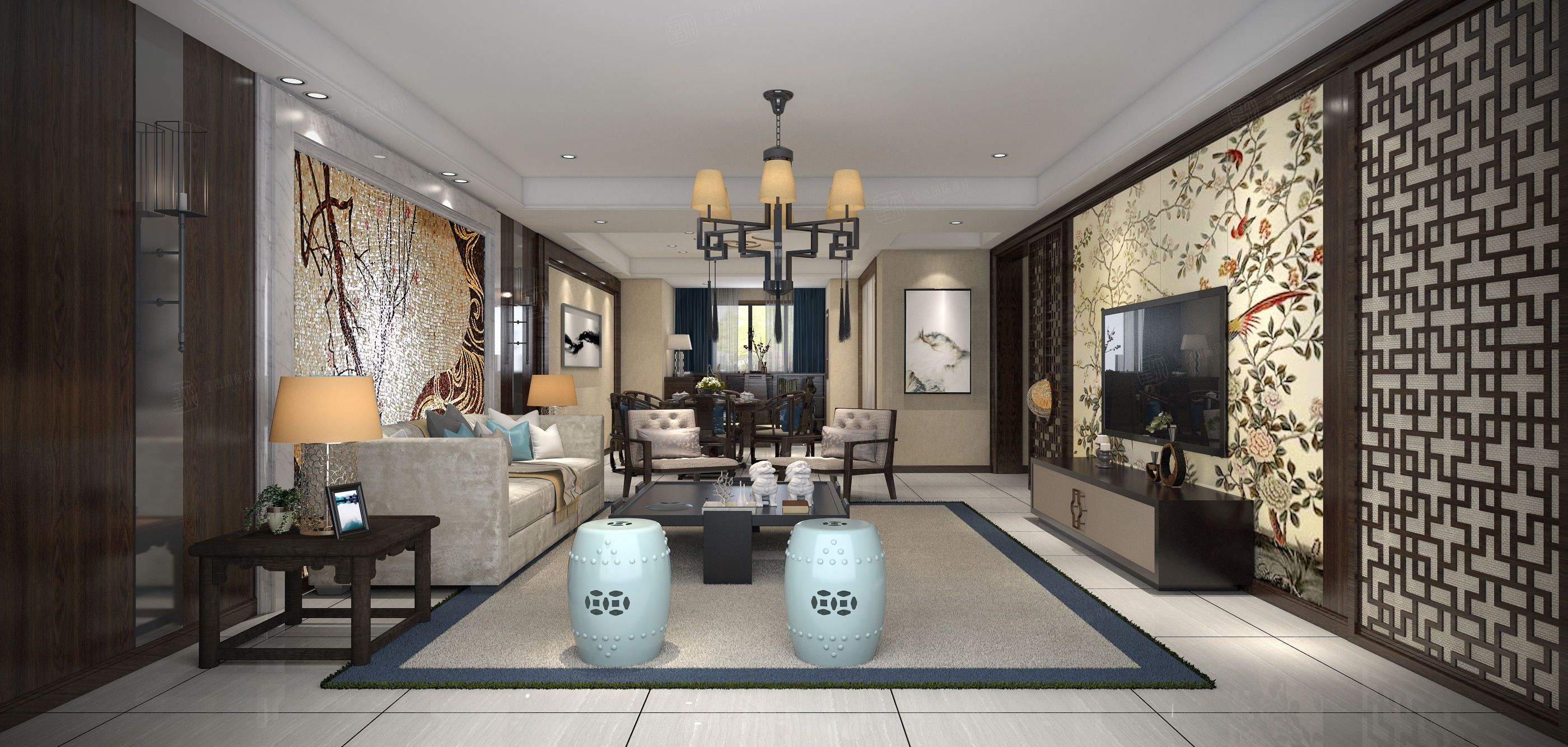 栖霞栖园-新中式装修客厅效果图