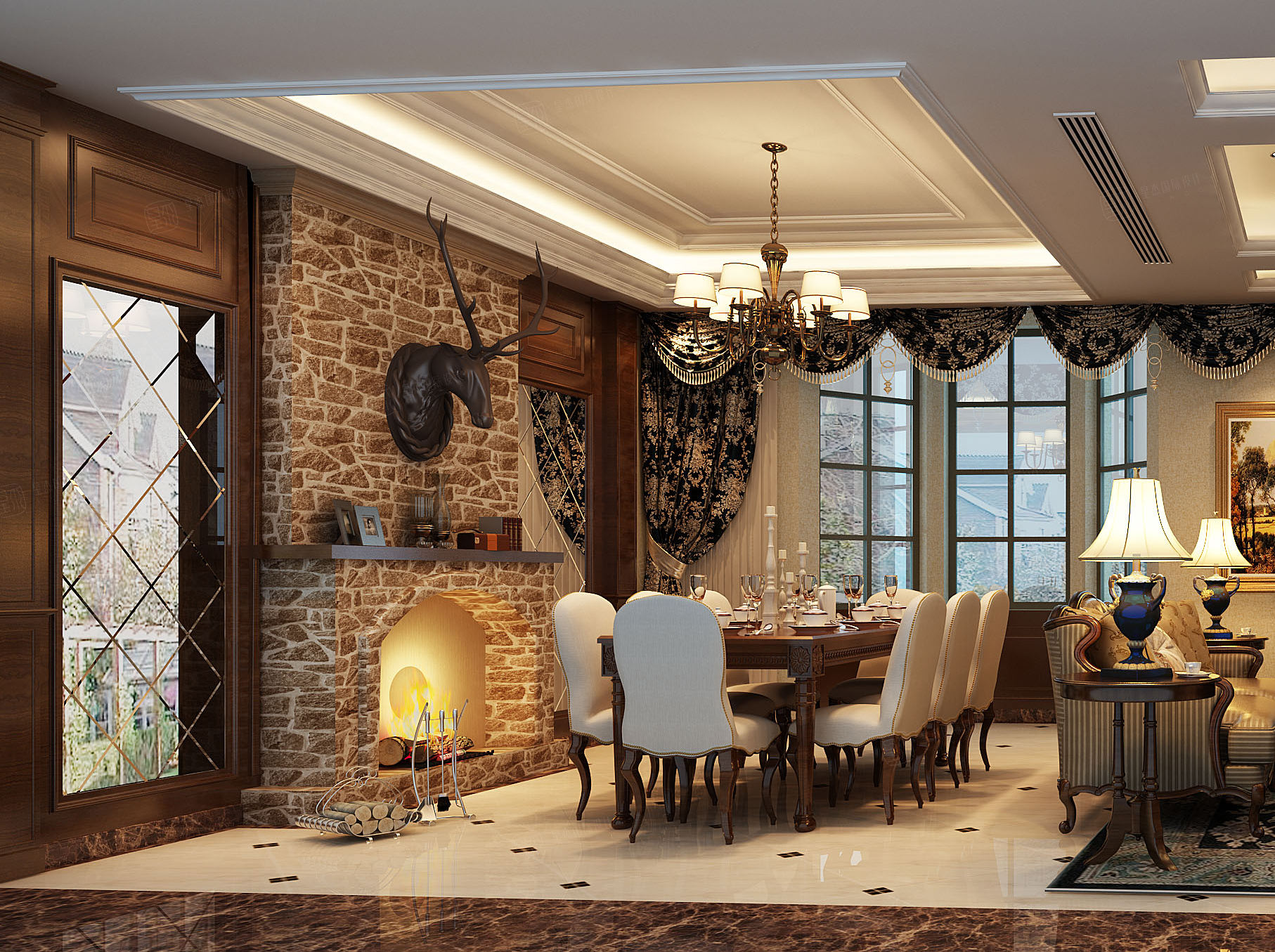 客厅是经典的纯欧式作派，采用的是壁炉_装修美图-新浪家居