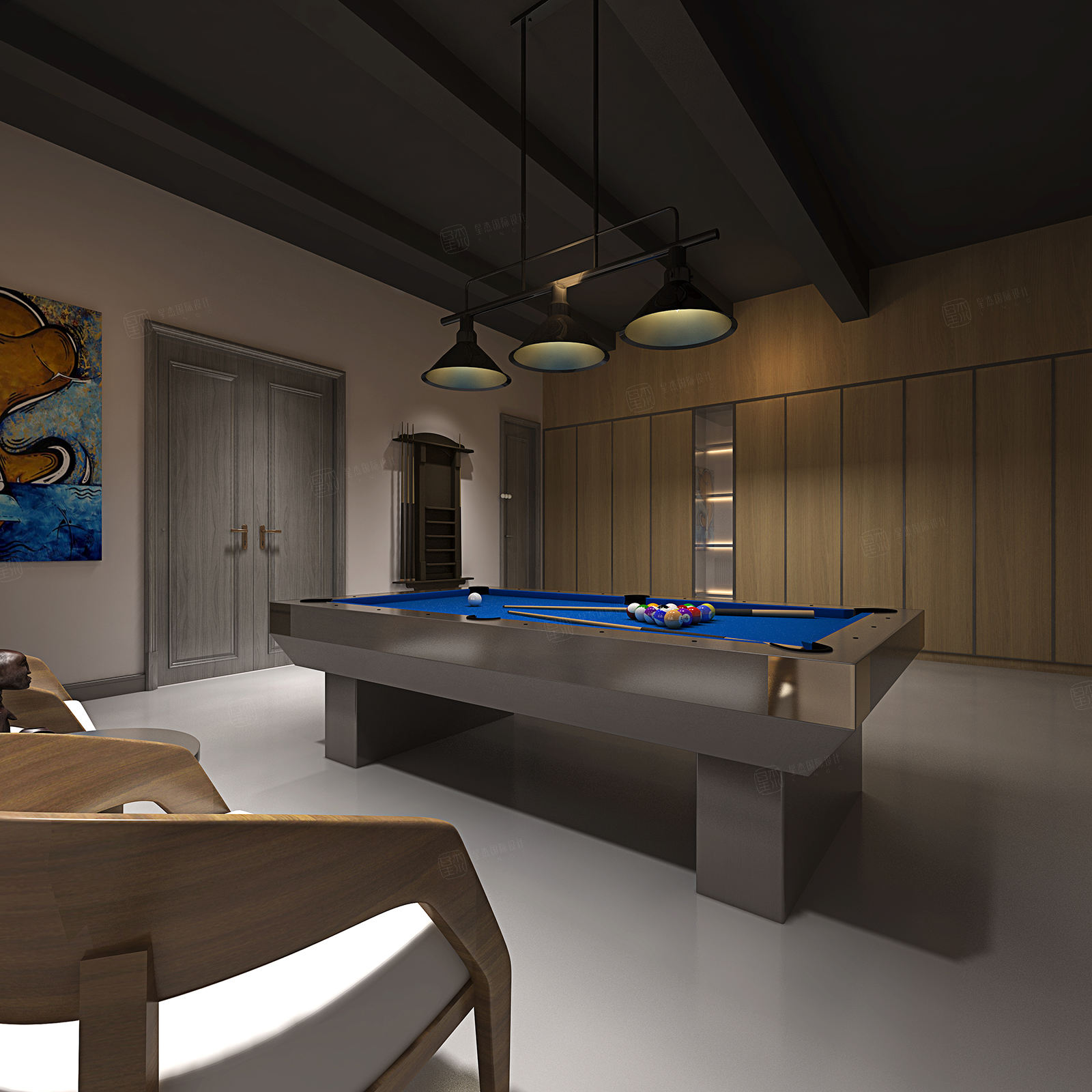 湖畔御园_简洁明快装修台球室效果图