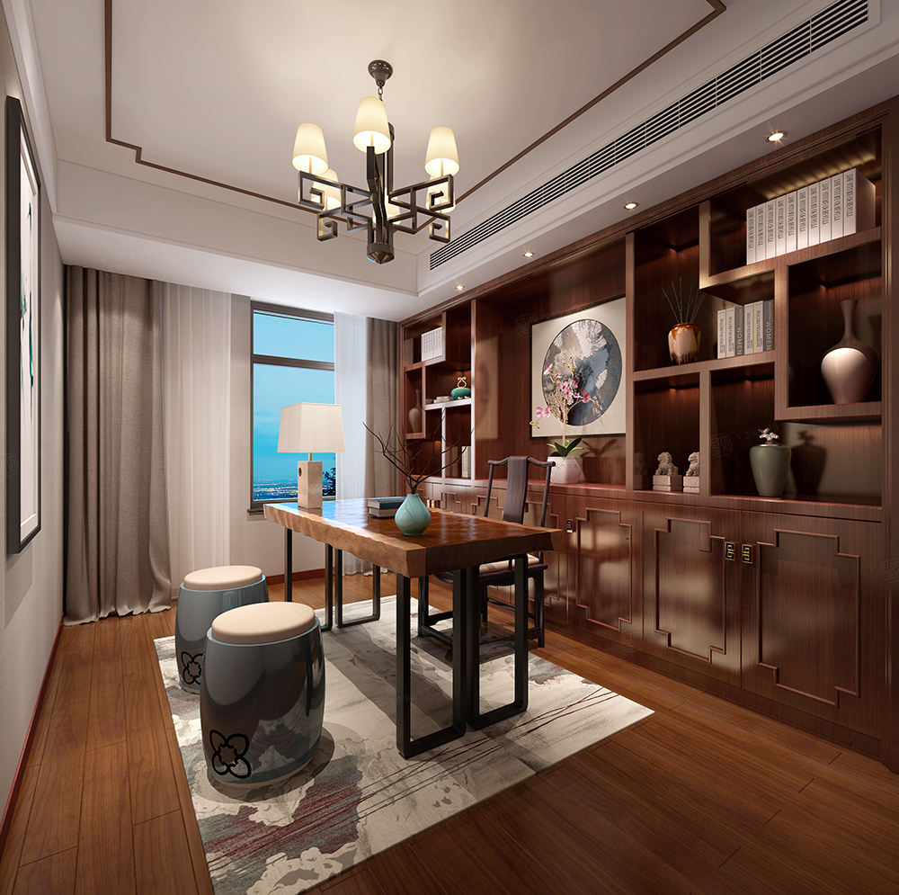 中建溪岸观邸-古典新中式装修书房效果图