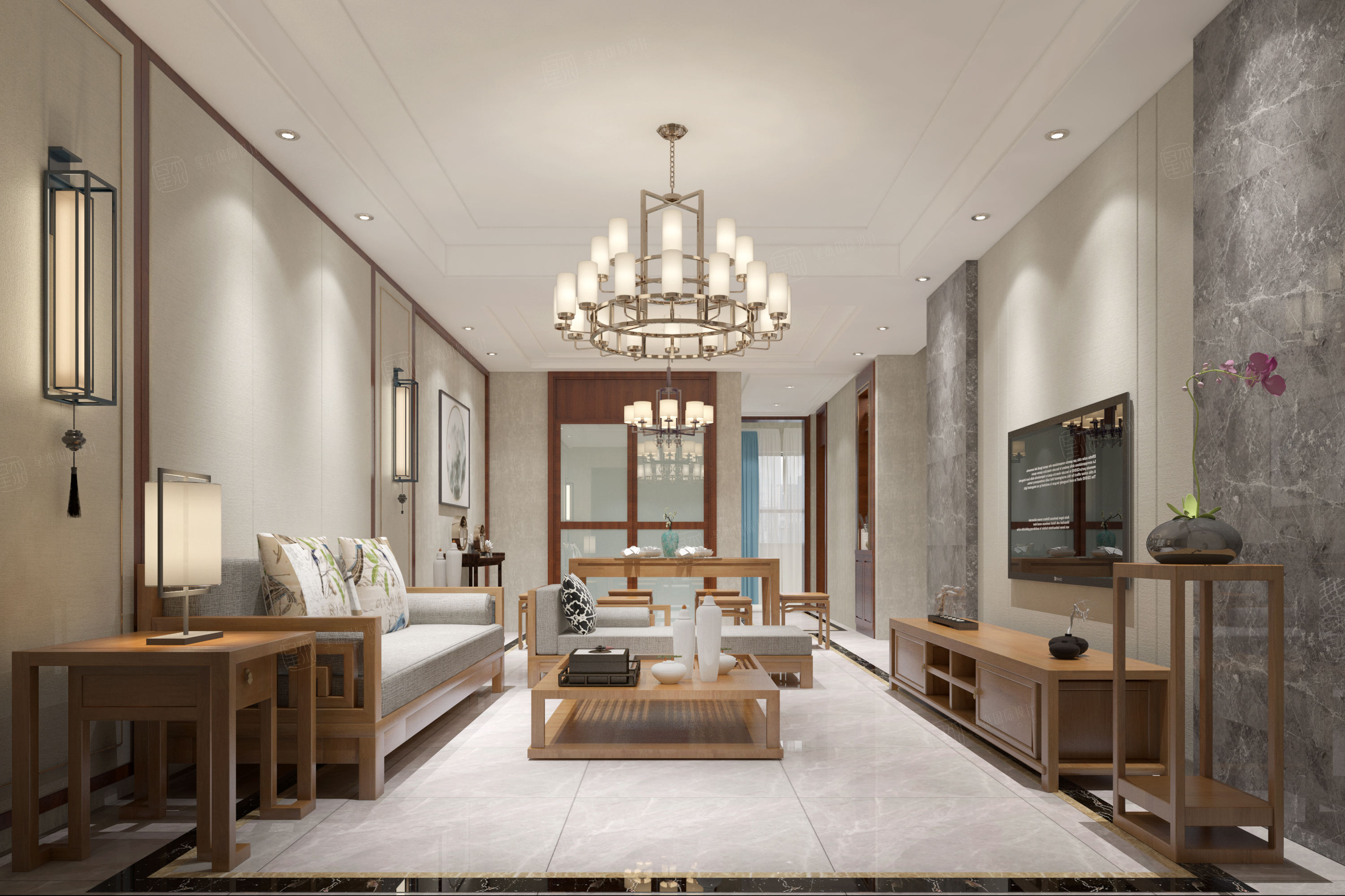 石湖桃花源-新中式装修客厅效果图