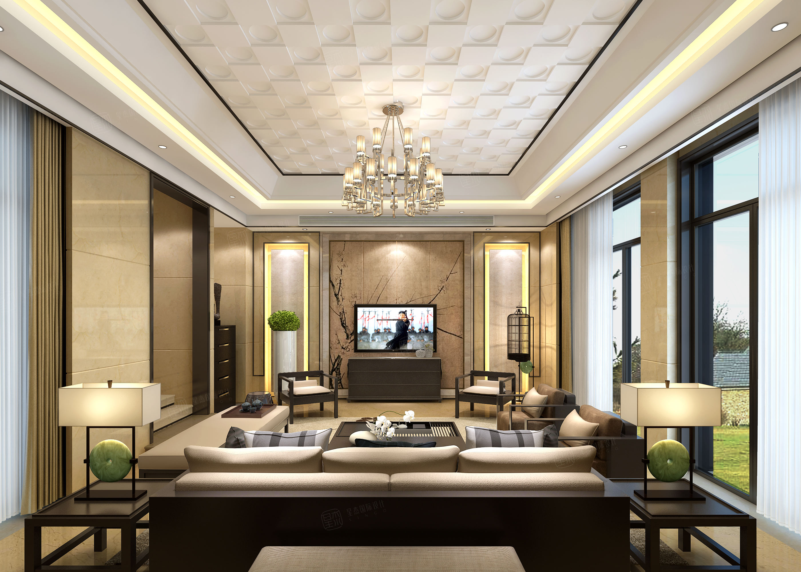 姑苏桃花源 现代中式装修客厅效果图