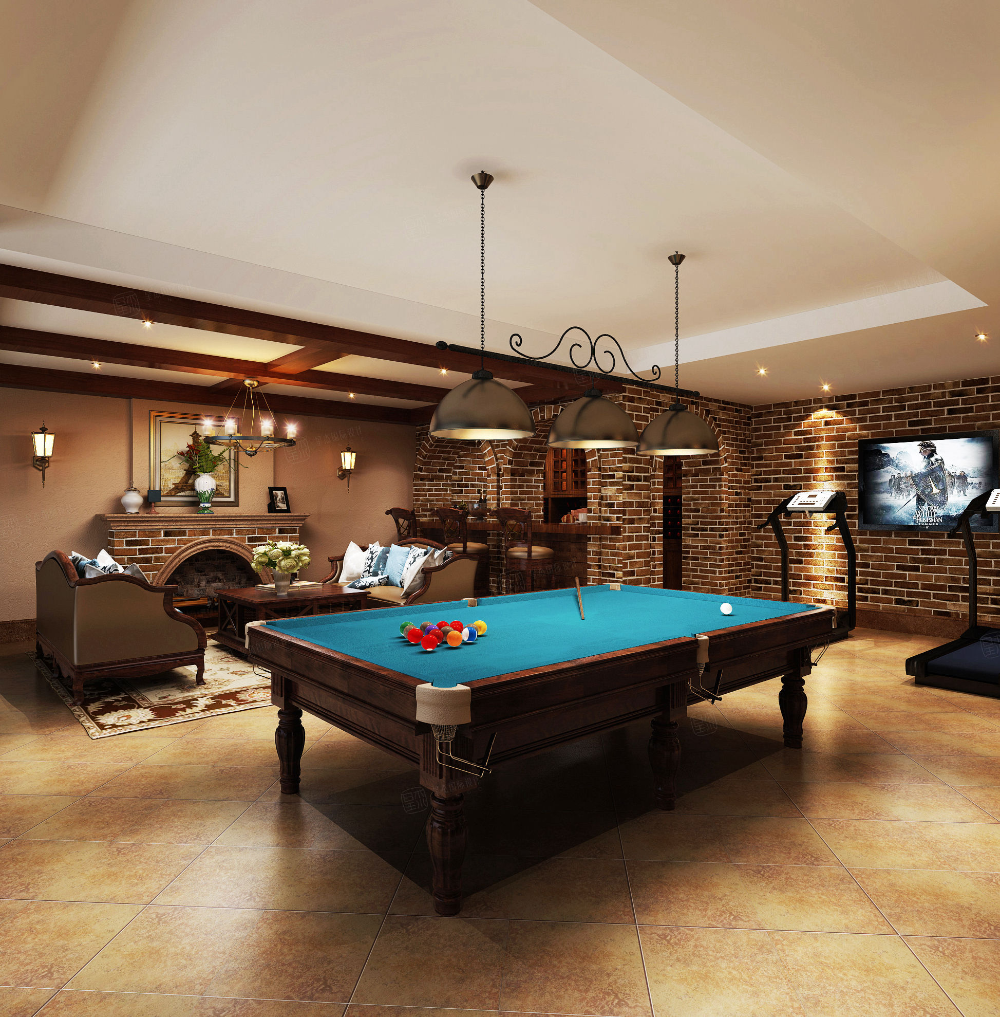 中金海棠湾 美式乡村装修台球室效果图