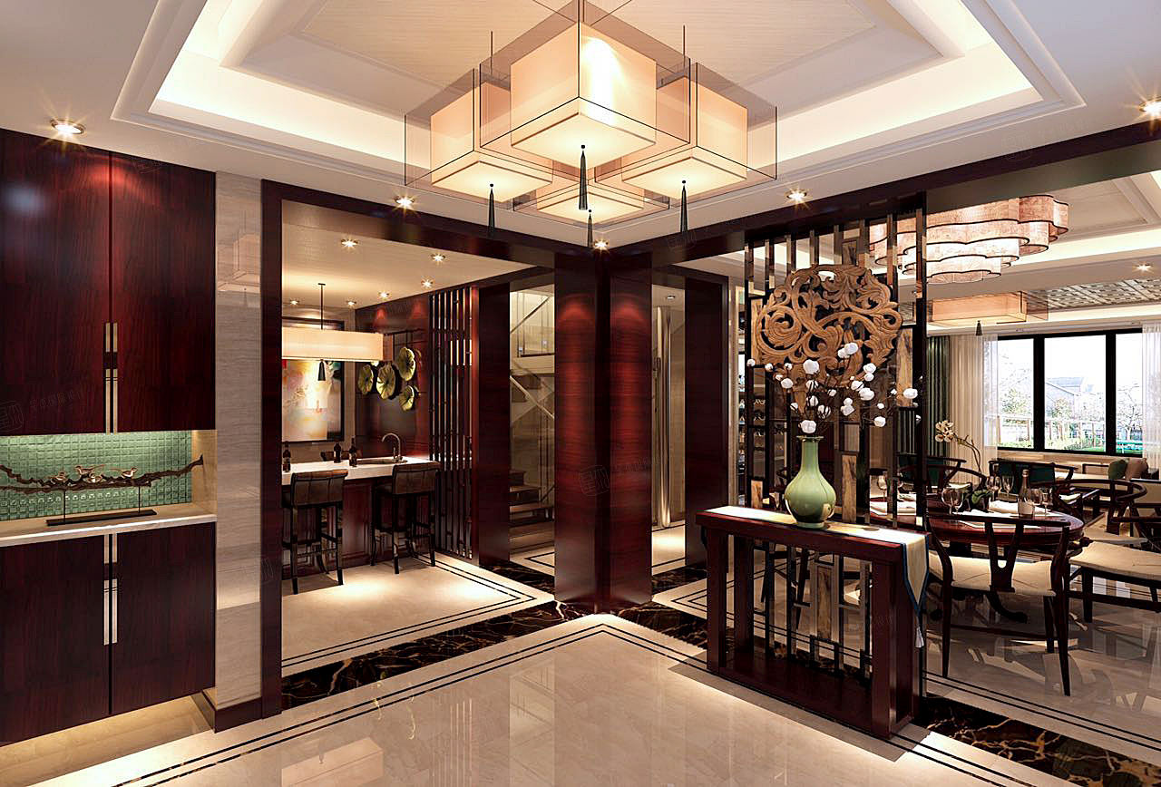 绿地曼哈顿别墅户型装修新中式风格设计方案展示，上海聚通装潢最新_装修美图-新浪家居
