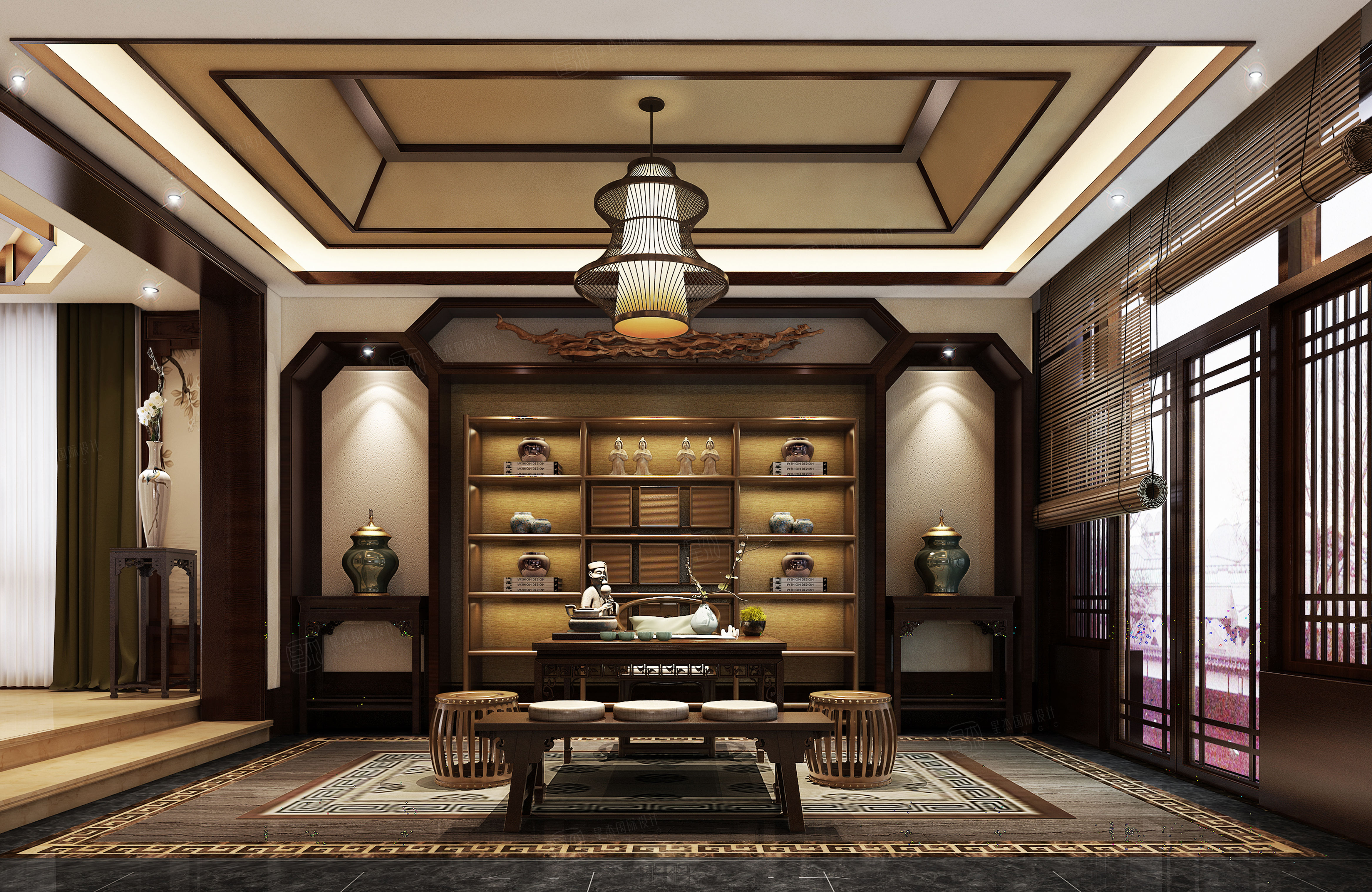 王昕 嵊州自建别墅 中式装修茶室效果图