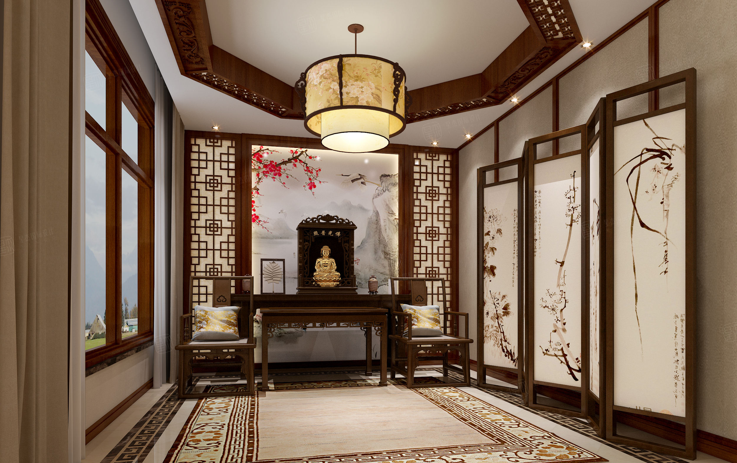 王昕 嵊州自建别墅 中式装修会客厅效果图