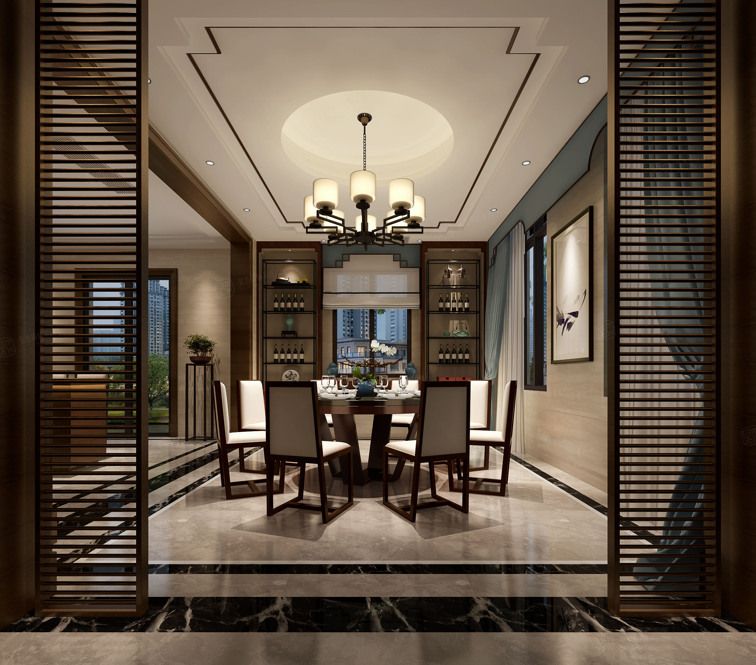 无锡案例库_江阴乐府兰亭-新中式装修餐厅效果图