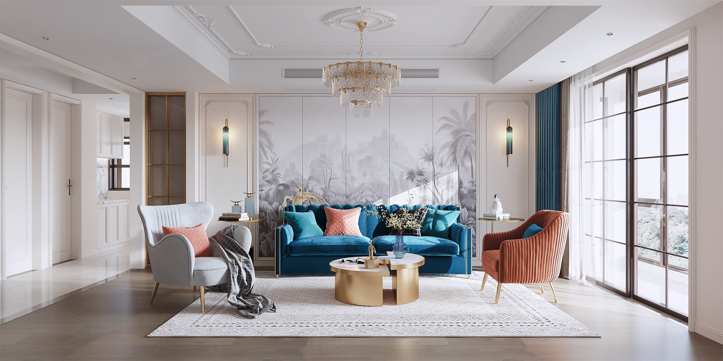 新城花园 法式轻奢装修客厅效果图