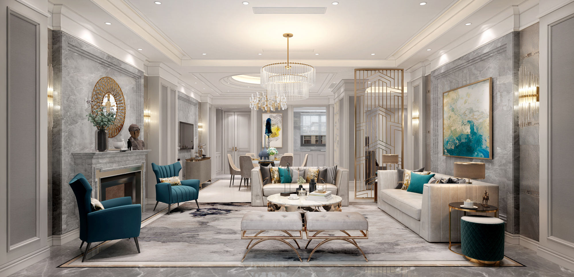 世纪珑墅 美式轻奢装修客厅效果图