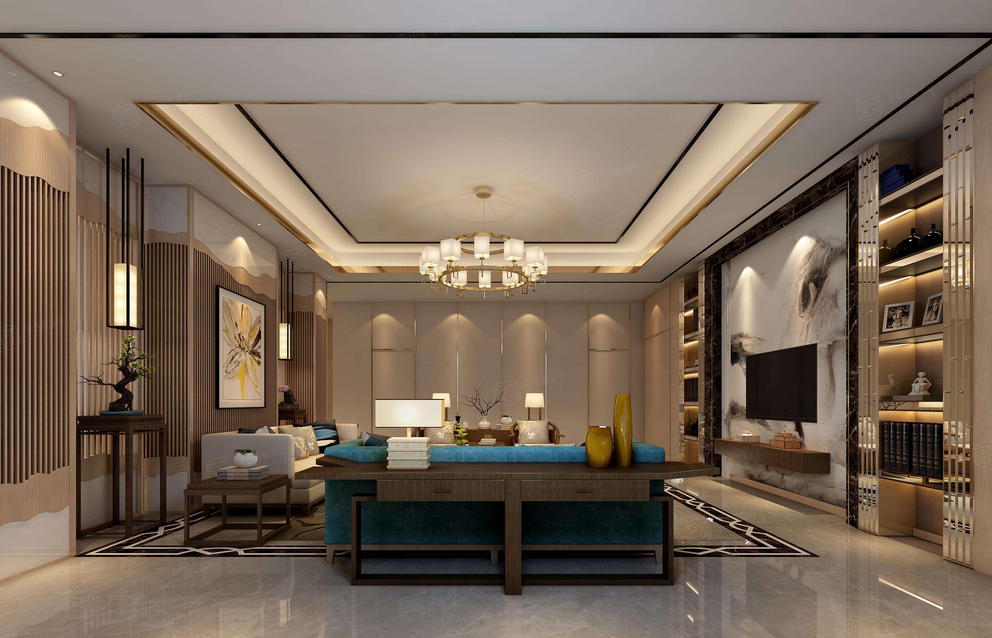 绍兴自建别墅 新中式装修客厅效果图