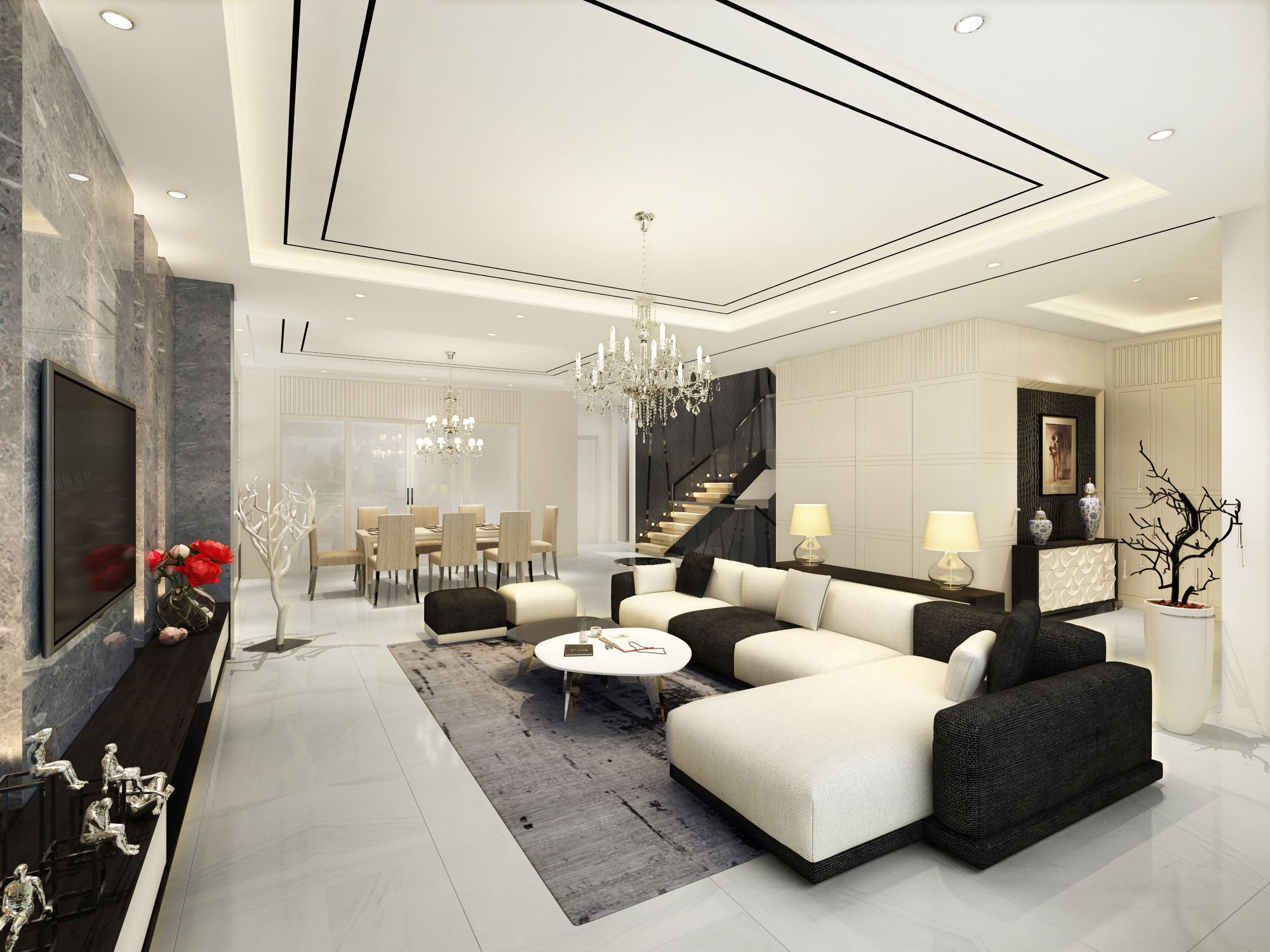 600平米新中式风格别墅会客厅装修效果图_别墅设计图