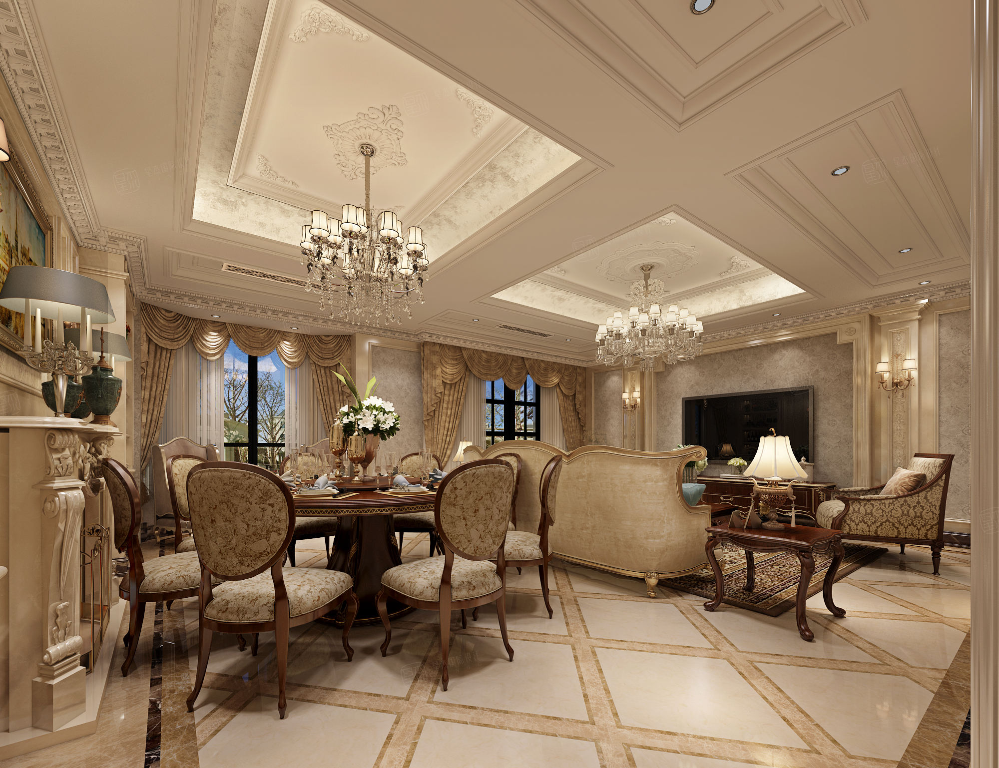 松江颐景园 简约法式装修客厅效果图