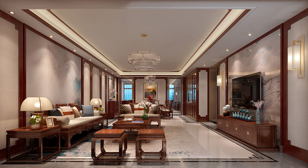 中建溪岸观邸-古典新中式装修客厅效果图