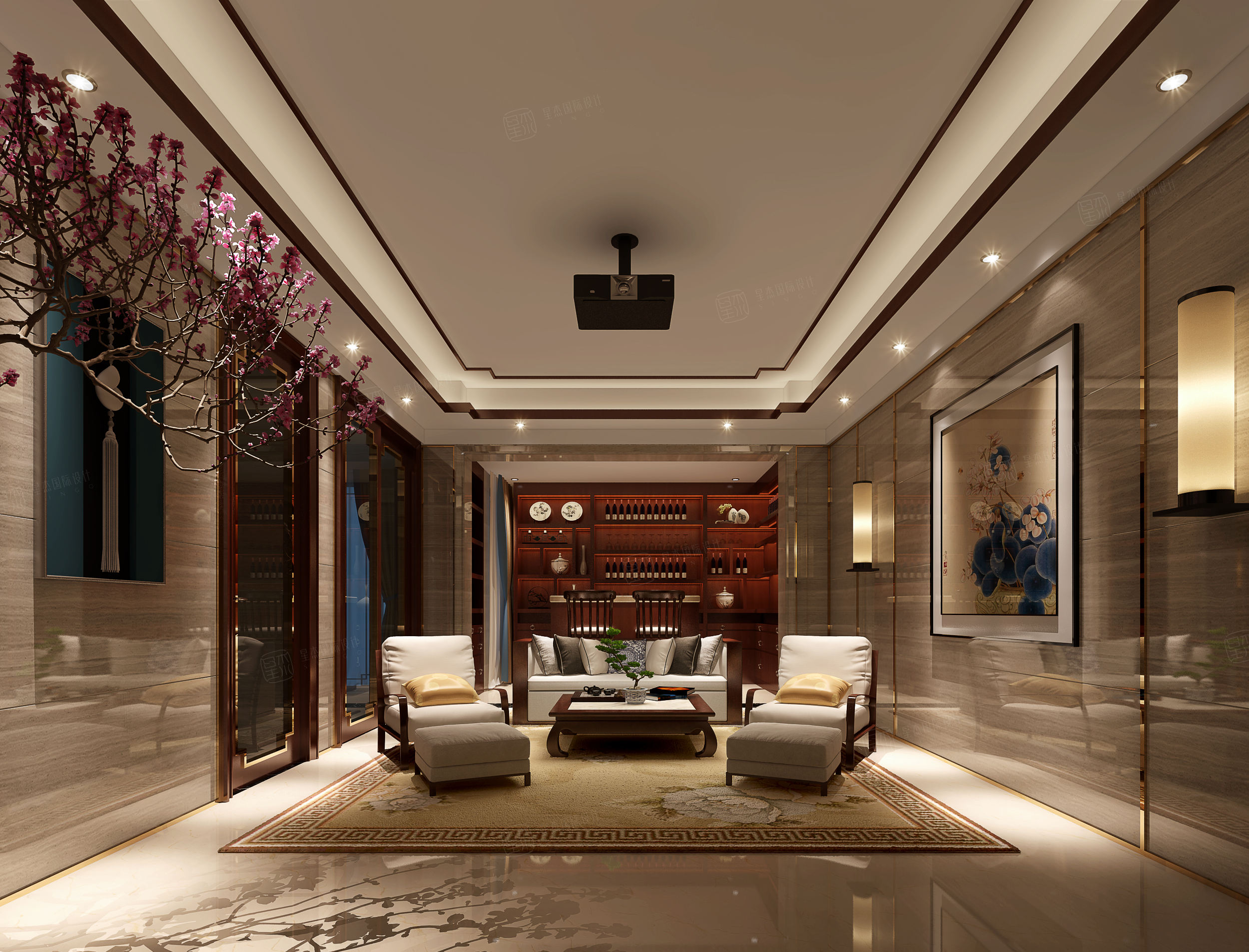 华伟_长江国际-新中式装修地下室效果图