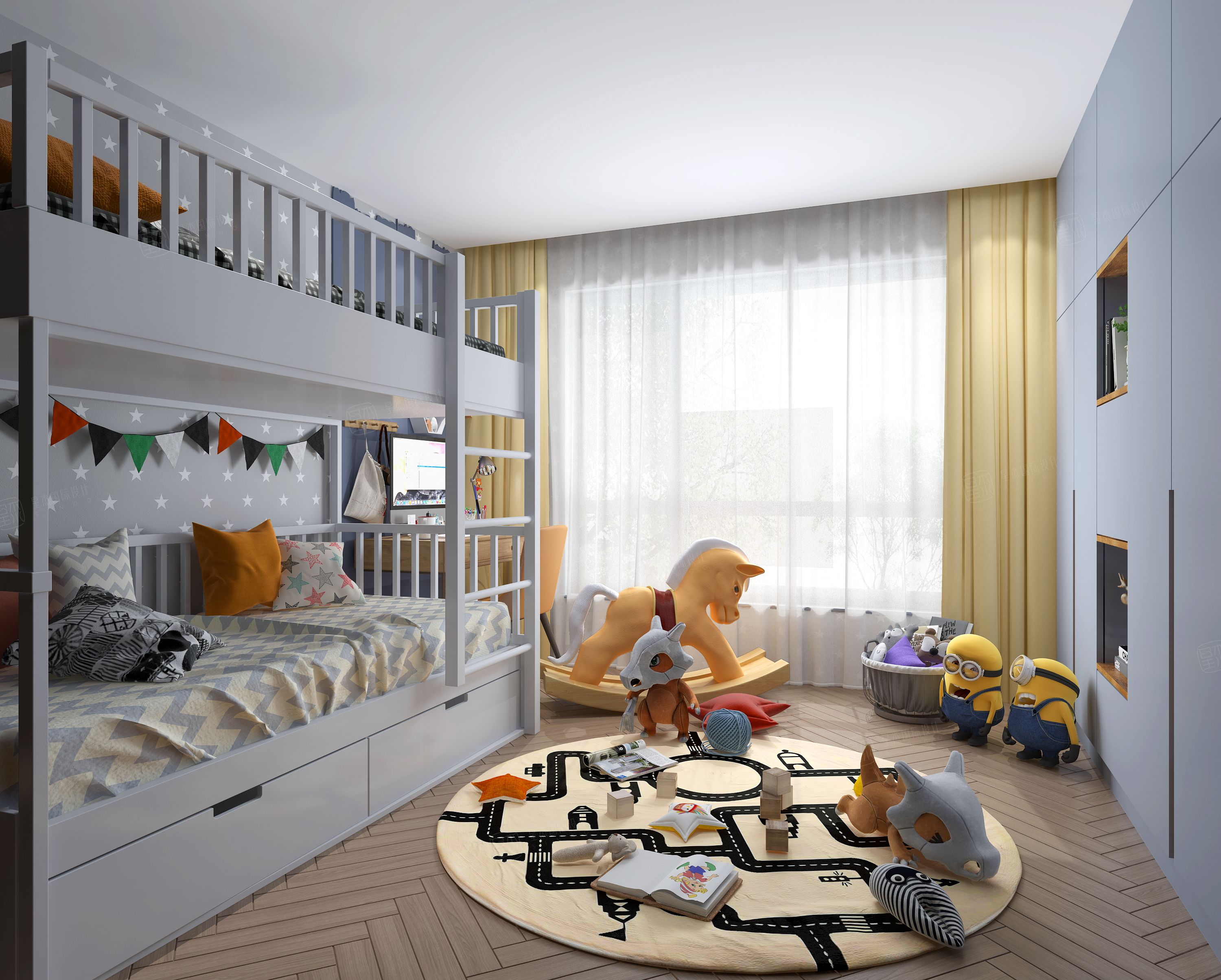 现代简约装修男孩房效果图