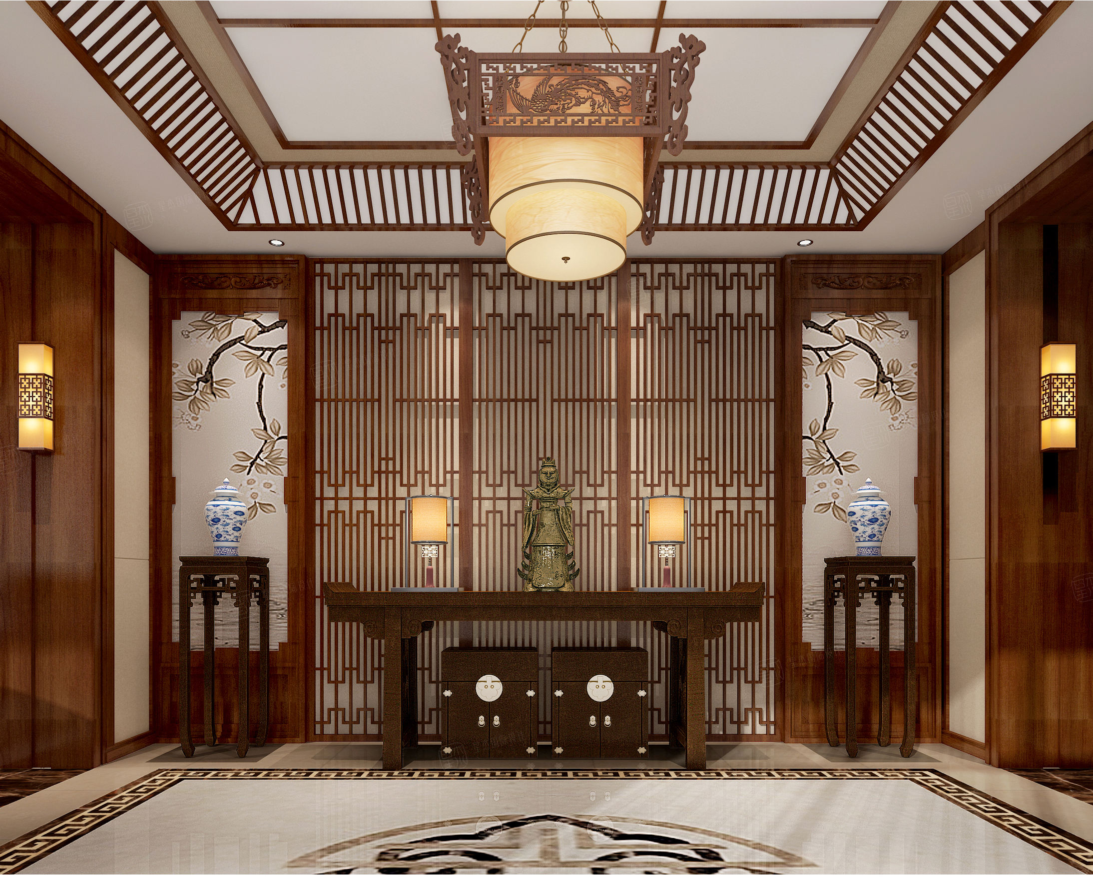 王昕 嵊州自建别墅 中式装修门厅效果图