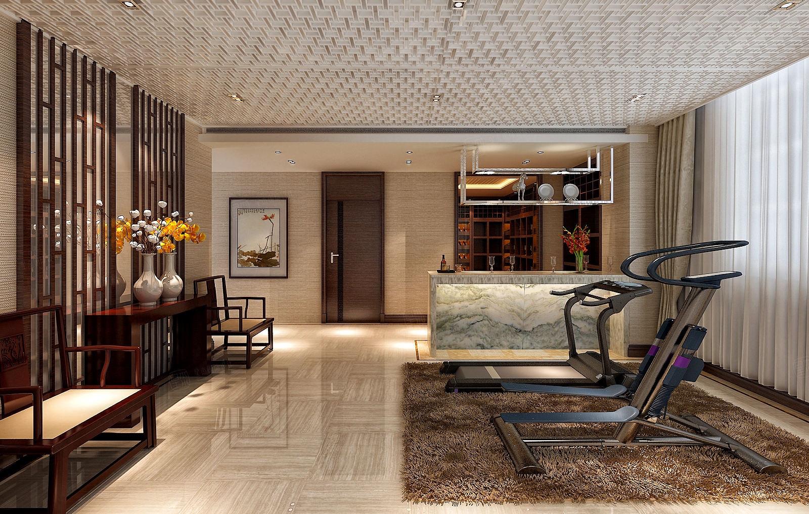 海域观园-新中式装修地下室效果图