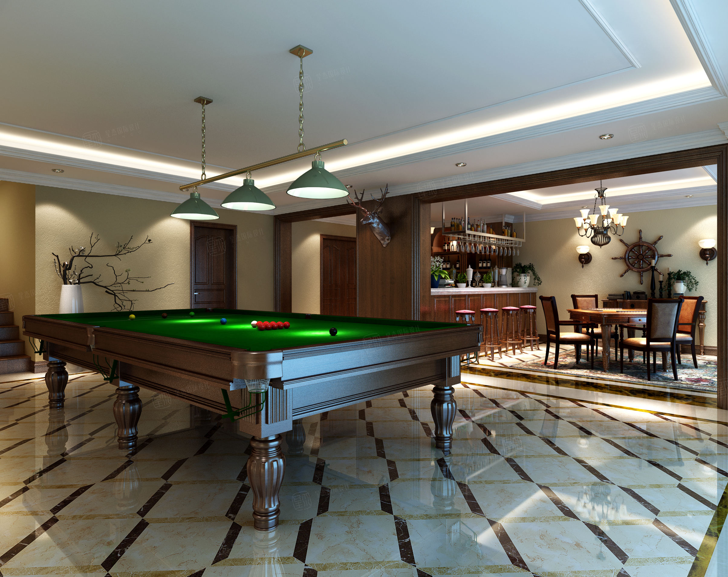 太湖高尔夫-美式装修地下室效果图