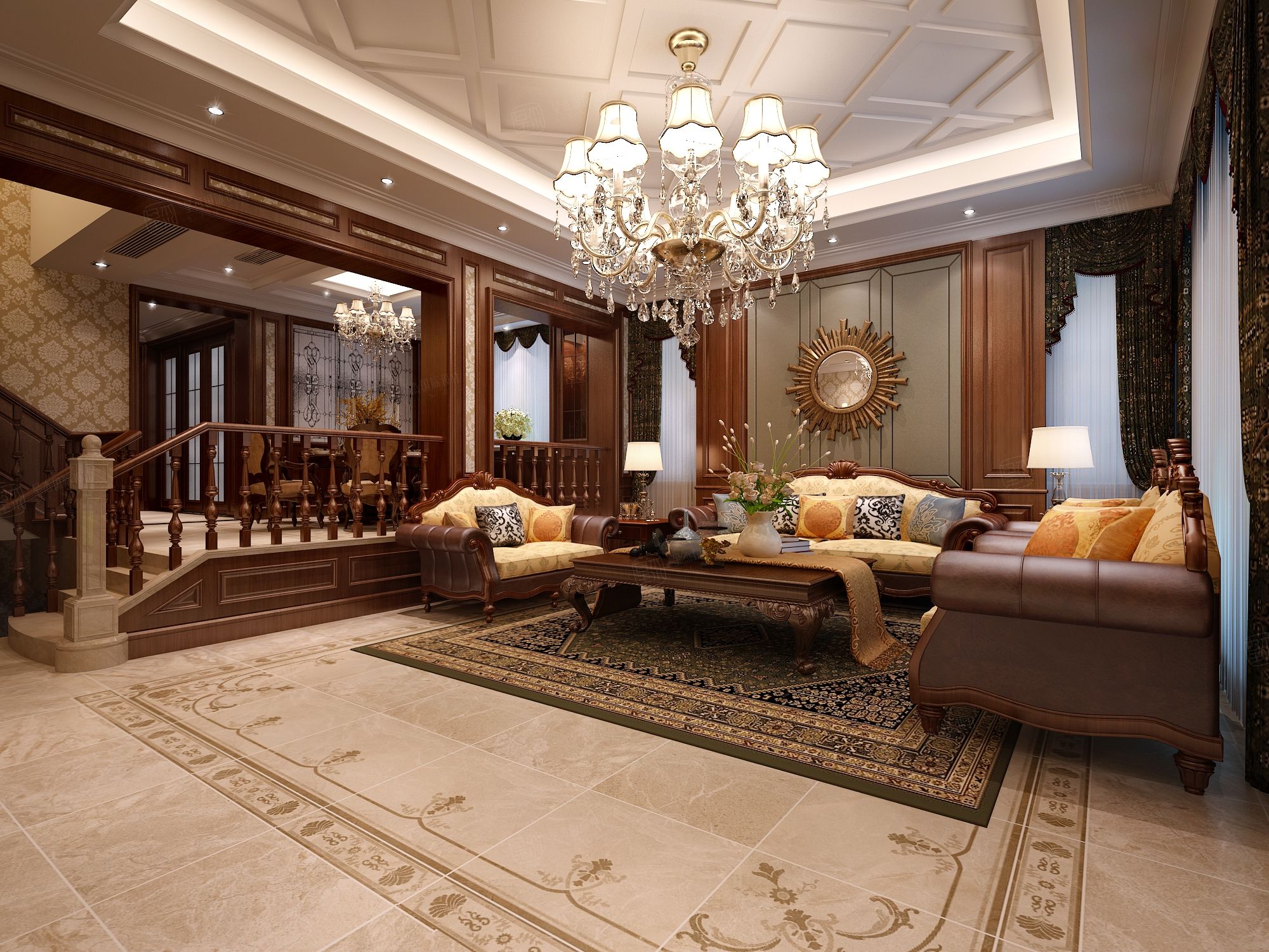 新古典别墅室内挑空客厅设计 – 设计本装修效果图