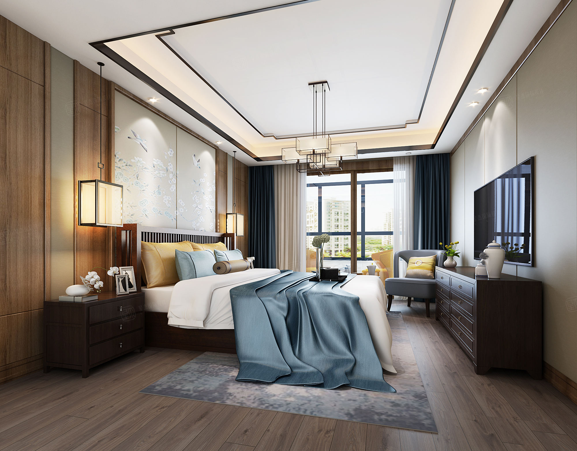 宁波案例库 万象府 新中式装修卧室效果图
